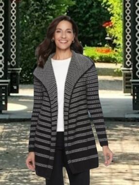 Sz Small Classic Bird's Eye Black and White Stripe Natural Fiber Cotton Cardigan